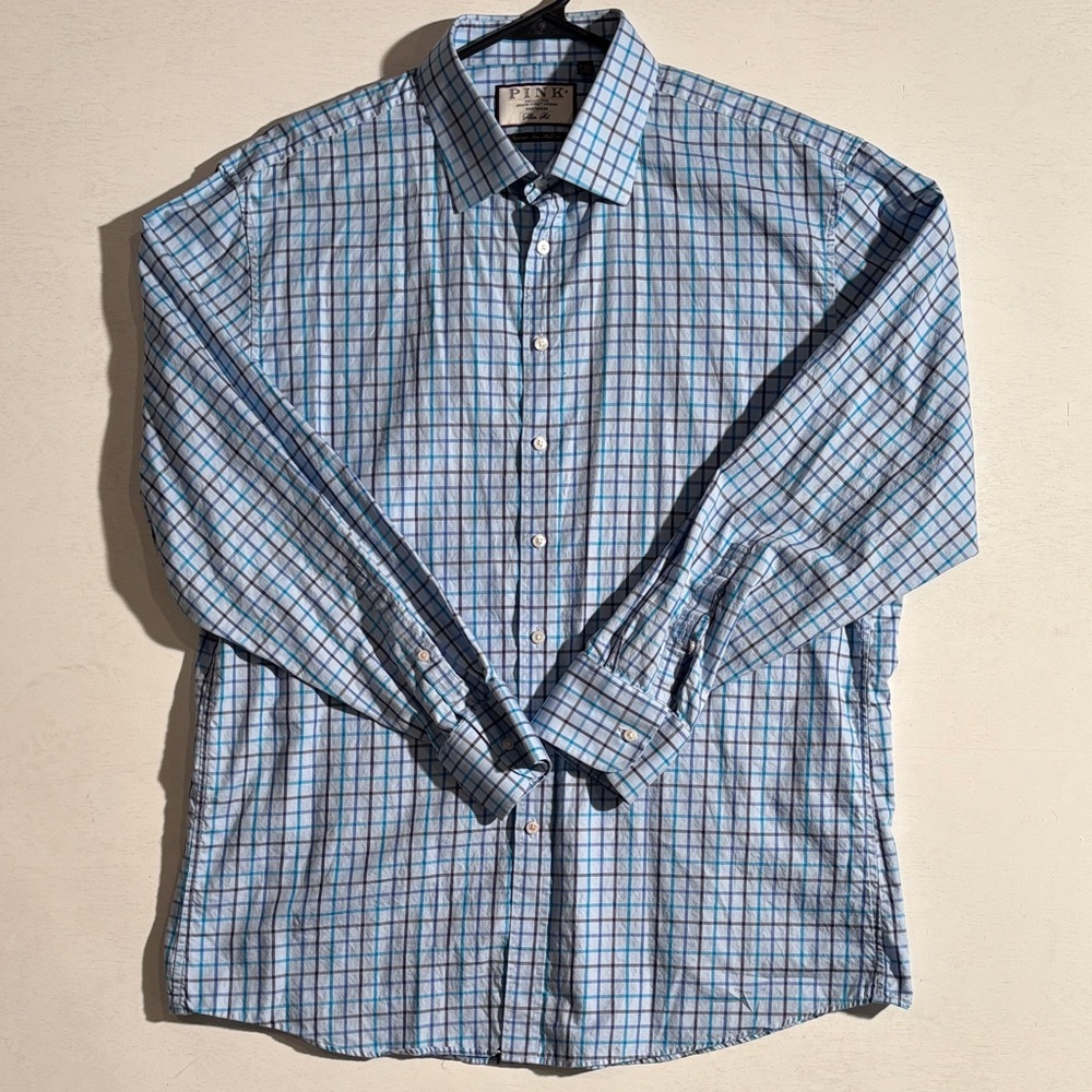 Thomas Pink Men's Blue and White Plaid Shirt